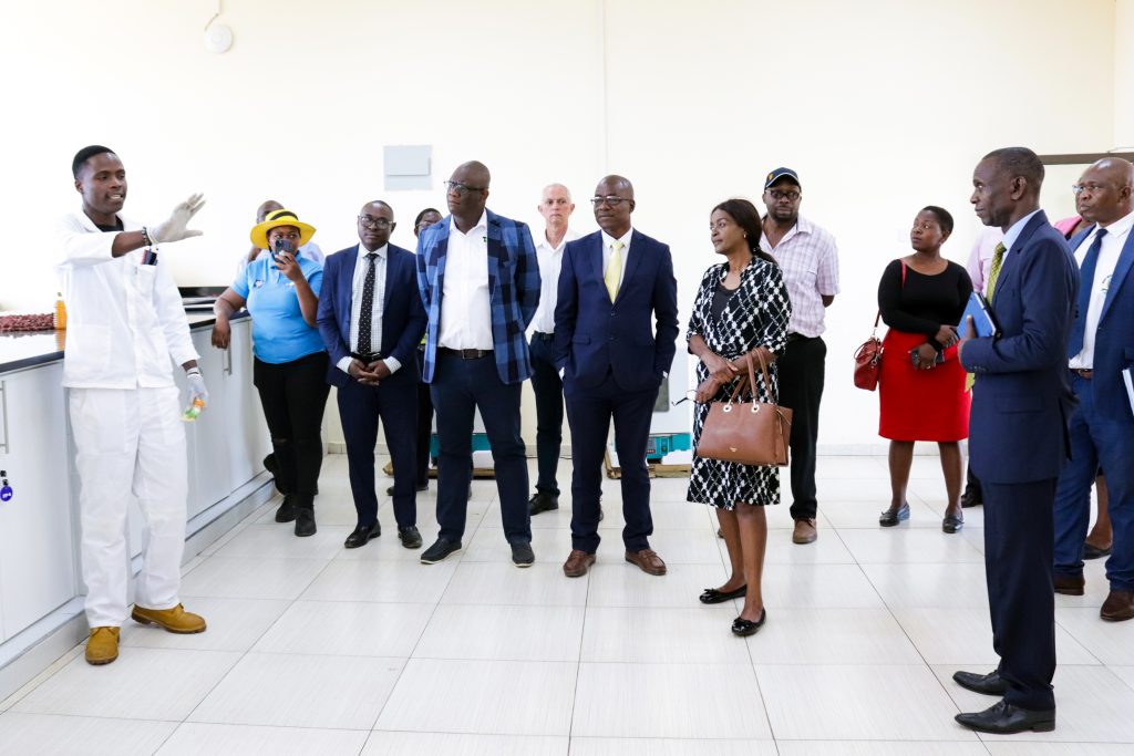 Vice Chancellor Prof Eddie Mwenje leading ZIE delegated in a tour of BUSE innovations and Engineering Complex workshops 